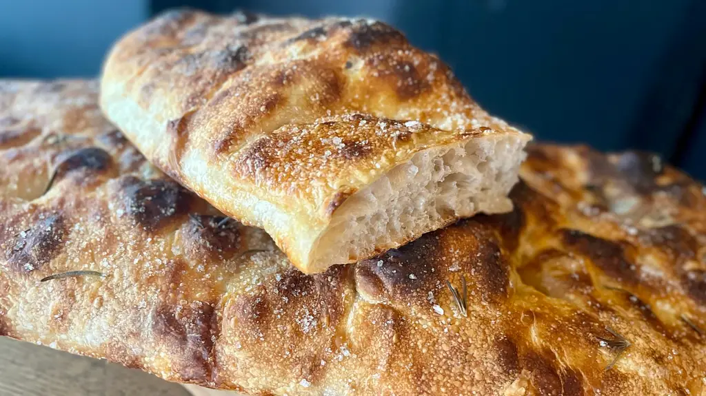 Ofenfrische, aufgebrochene Focaccia mit grobporiger Krume, goldbrauner Kruste, grobem Salz und sichtbaren Rosmarinnadeln.